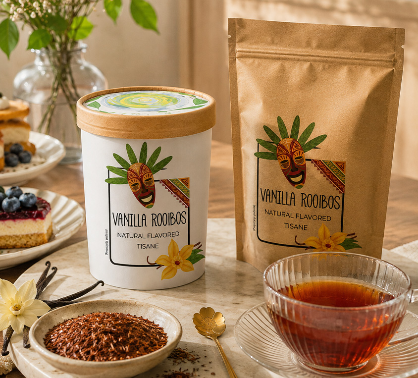 Rooibos Vanilla Leo Tea – puszka, doypack i kubek prezentowy